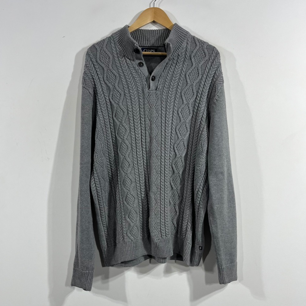 Chaps Heritage Fisherman Cable Knit Mock Neck Button Sweater Mens XL Academia